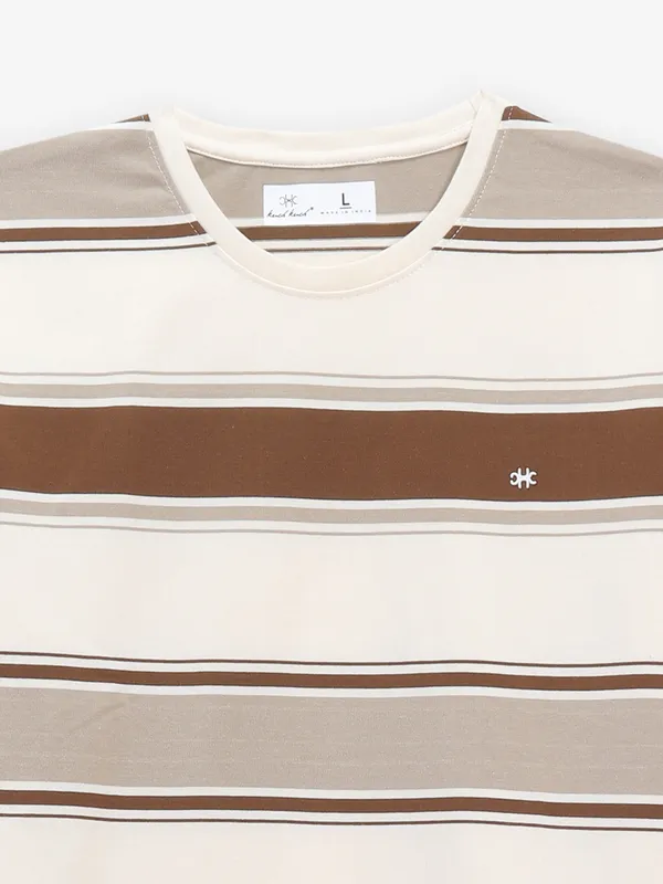 KUCH KUCH cream and brown slim fit cotton t-shirt with stripe