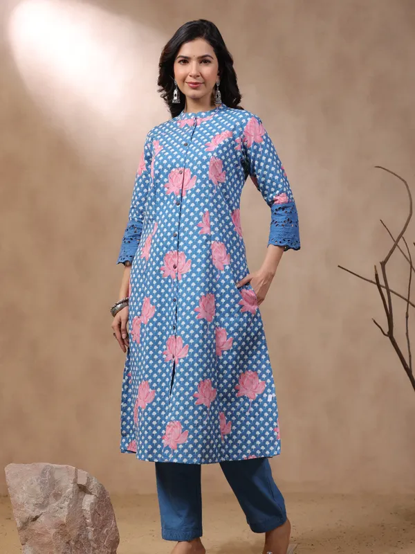 Lateset blue cotton floral printed kurti