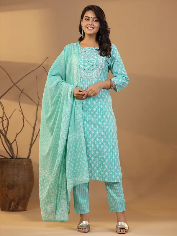 Latest aqua cotton printed kurti set