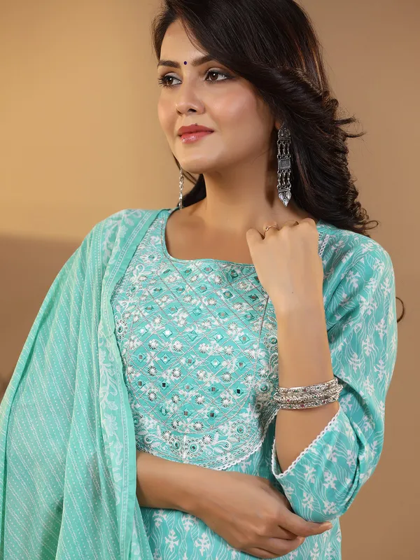 Latest aqua cotton printed kurti set