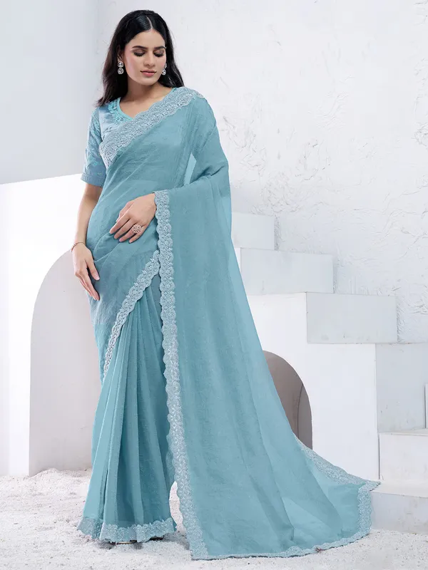 Latest aqua silk party wear saree