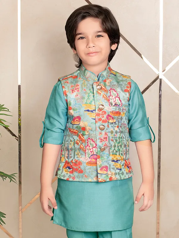 Latest aqua silk waistcoat set for boys