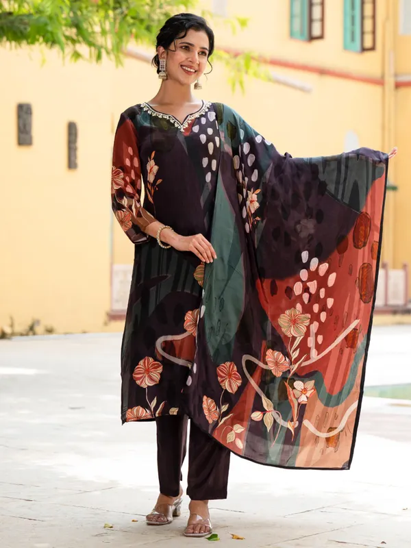 Latest beautiful wine silk printed kurti set