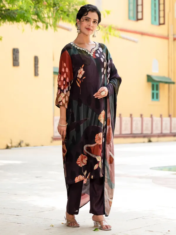 Latest beautiful wine silk printed kurti set