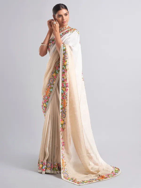Latest beige chiffon saree for festive