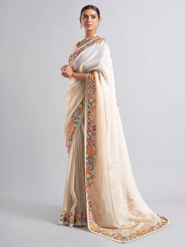 Latest beige chiffon saree for festive