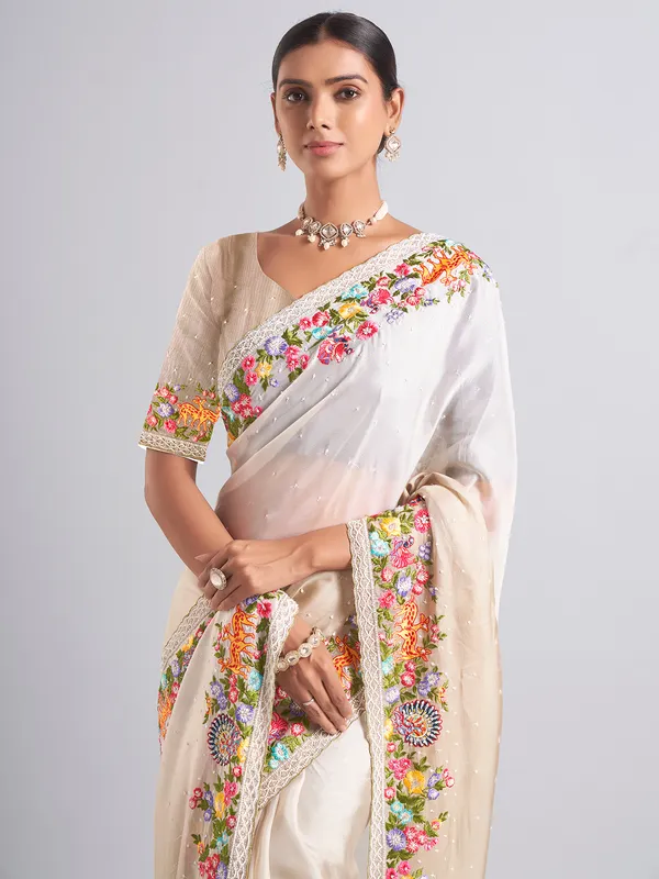 Latest beige chiffon saree for festive
