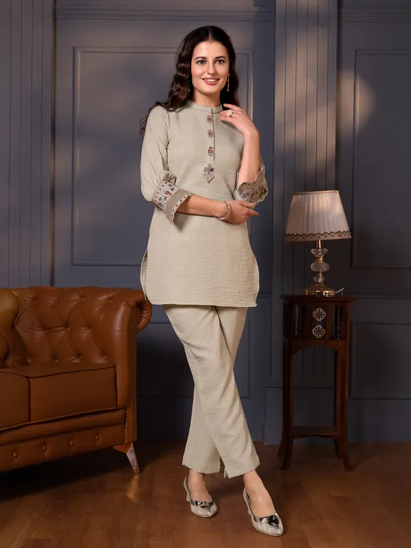 Latest beige co ord set in cotton