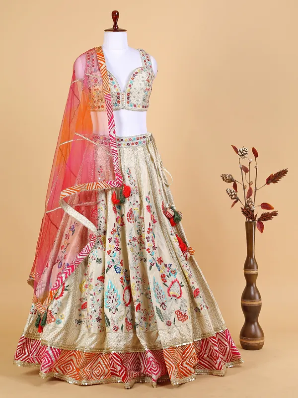 Latest beige lehenga choli with embroidery
