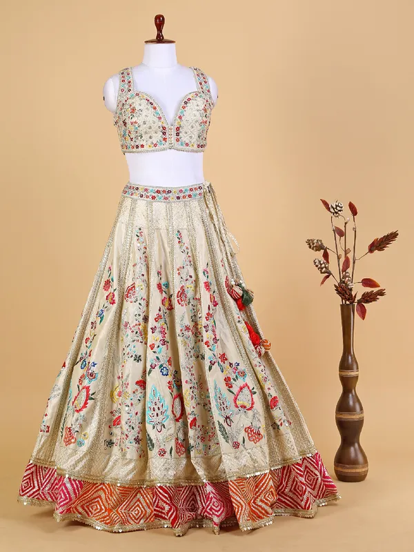 Latest beige lehenga choli with embroidery