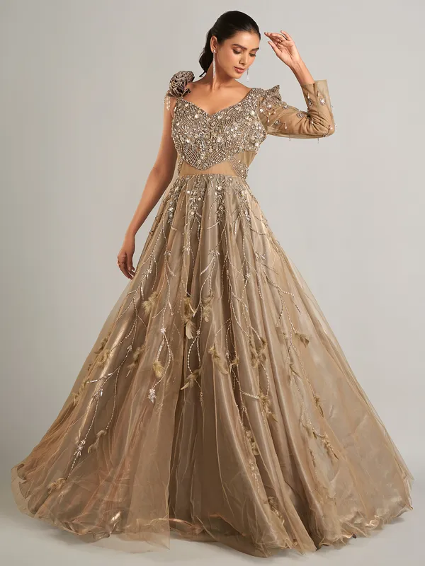 Latest beige net designer gown
