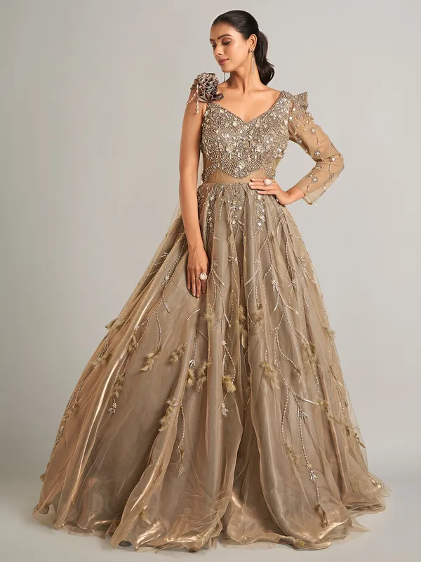Latest beige net designer gown
