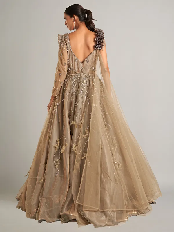 Latest beige net designer gown