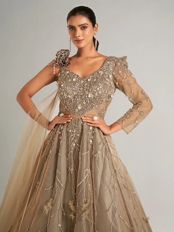 Latest beige net designer gown