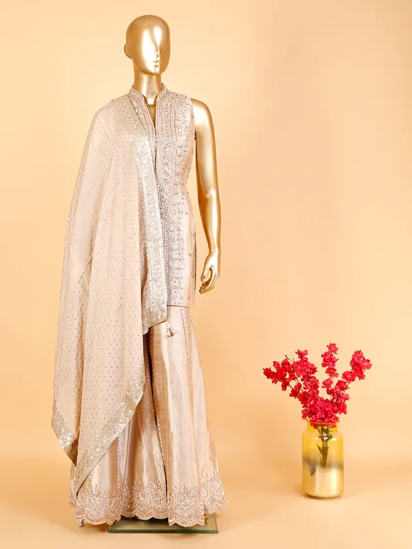Latest beige raw silk sharara suit