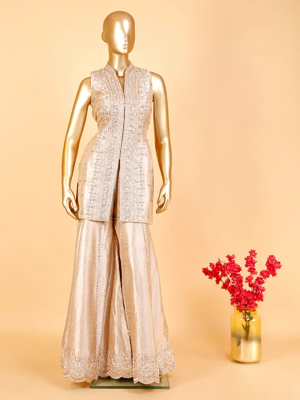 Latest beige raw silk sharara suit