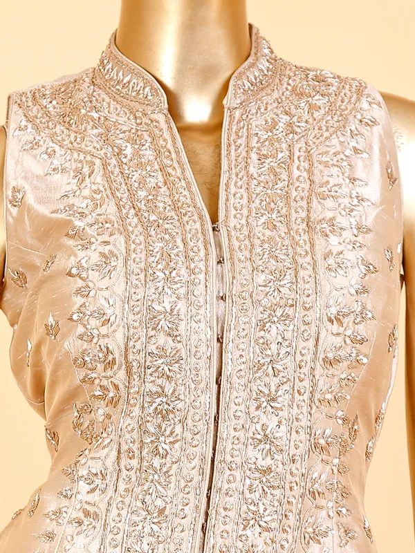 Latest beige raw silk sharara suit