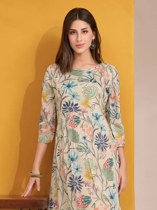 Latest beige silk printed kurti