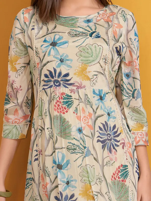 Latest beige silk printed kurti