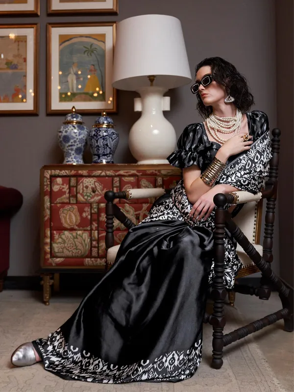 Latest black patola printed crepe saree