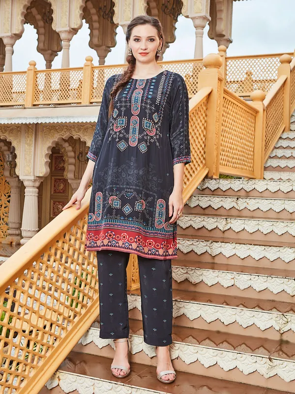 Latest black printed silk kurti set
