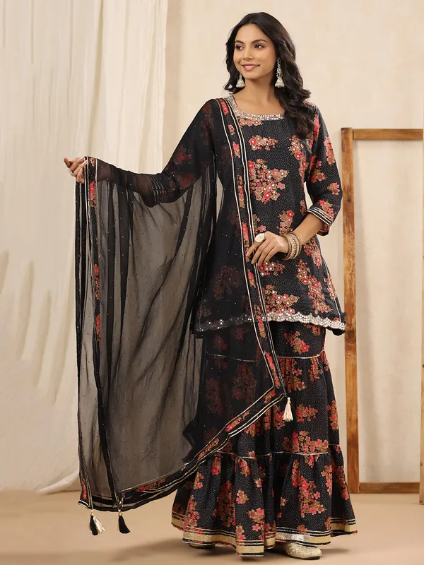 Latest black silk printed sharara set