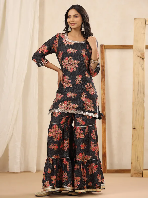 Latest black silk printed sharara set