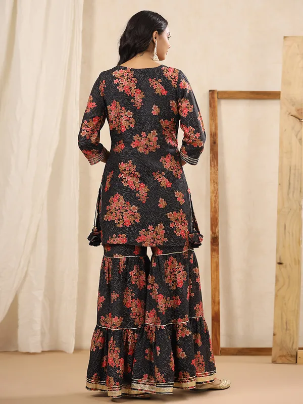 Latest black silk printed sharara set