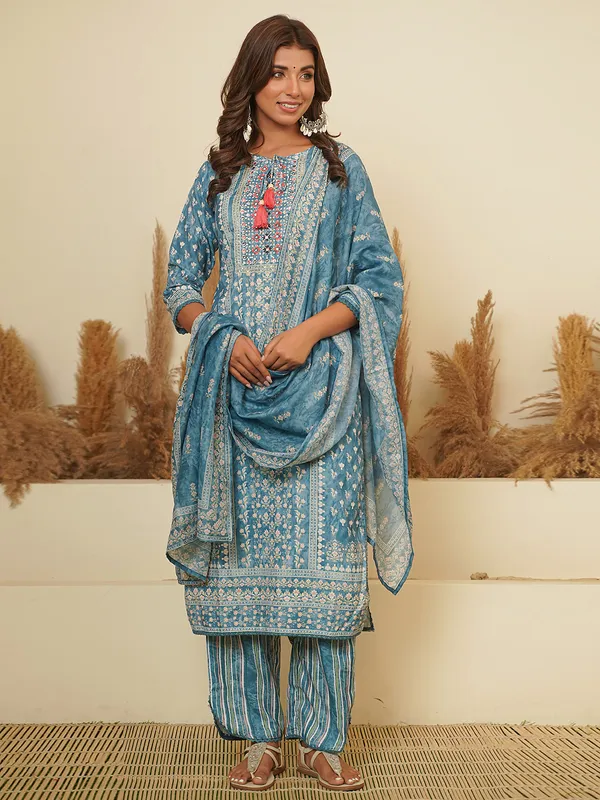 Latest blue cotton printed kurti set