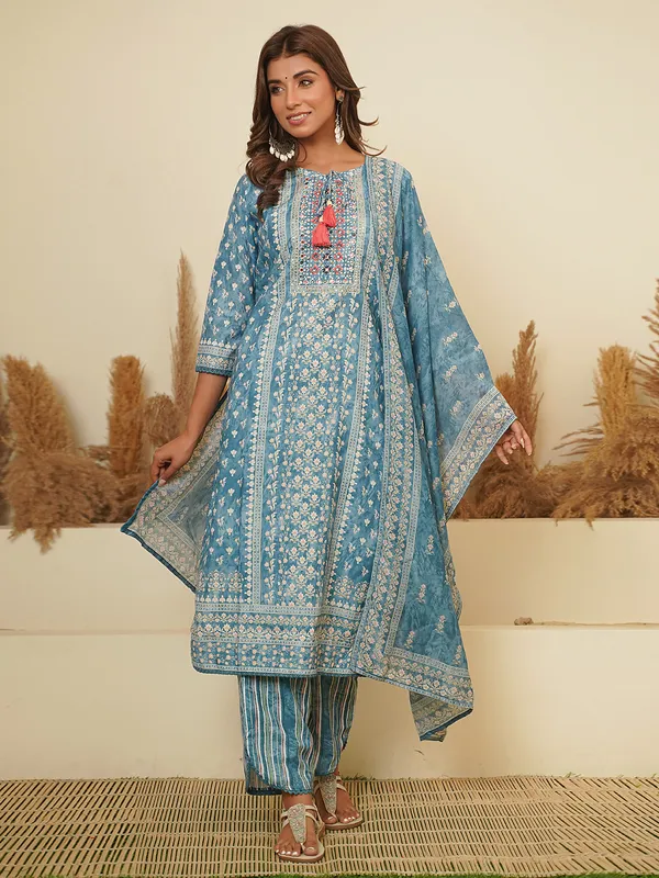 Latest blue cotton printed kurti set