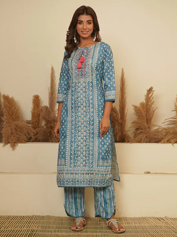 Latest blue cotton printed kurti set