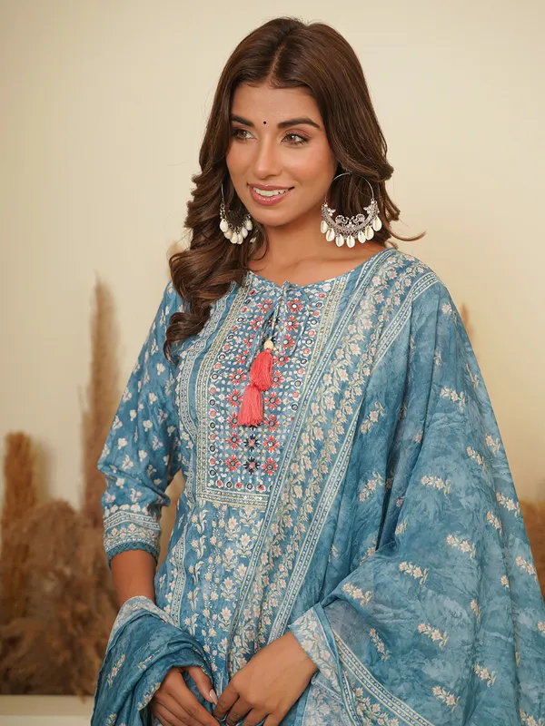 Latest blue cotton printed kurti set