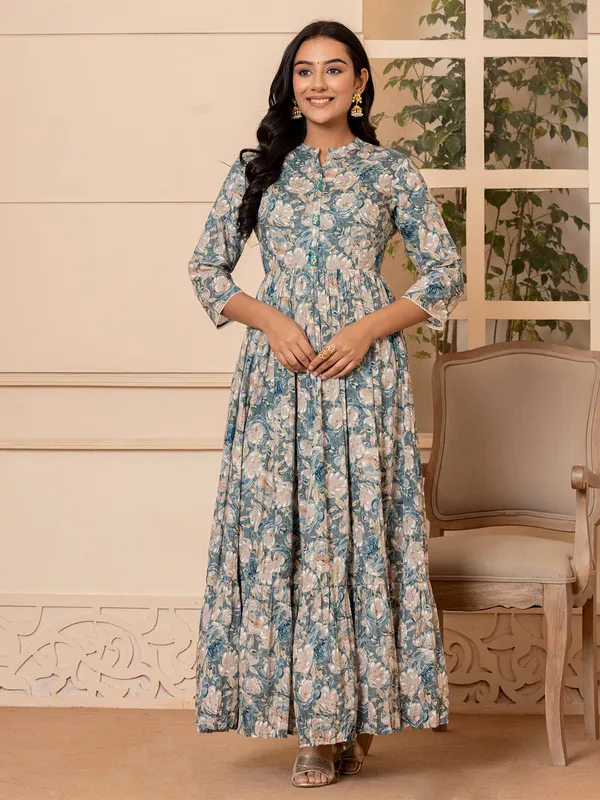 Latest blue cotton printed long kurti