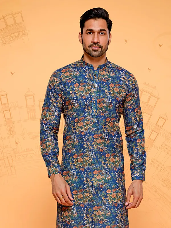 Latest blue floral printed kurta suit for men