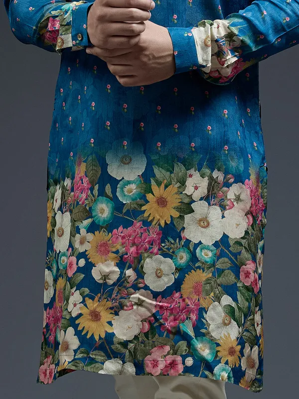 Latest blue flower floral printed kurta suit in silk
