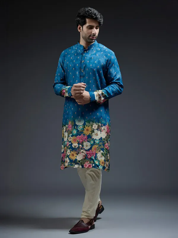 Latest blue flower floral printed kurta suit in silk