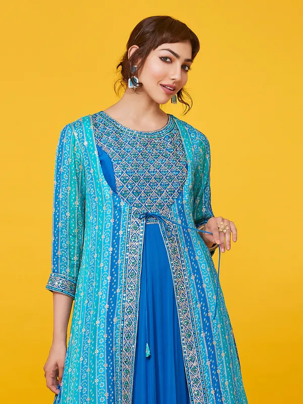 Latest blue georgette jacket style floor length suit