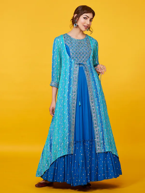 Latest blue georgette jacket style floor length suit