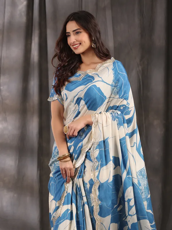 Latest blue muslin printed saree