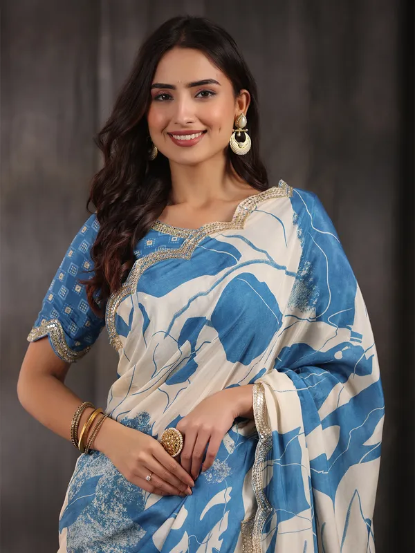 Latest blue muslin printed saree