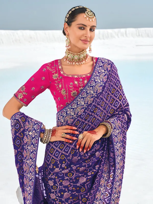 Latest blue printed bandhej saree for wedding