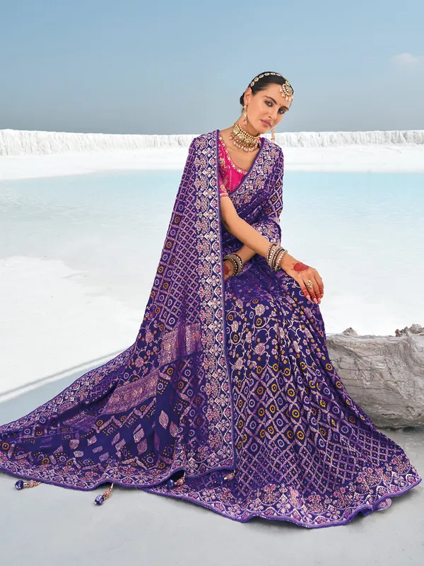 Latest blue printed bandhej saree for wedding