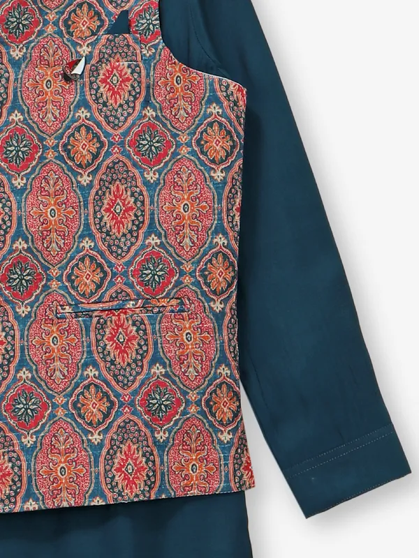 Latest blue printed cotton silk waistcoat set