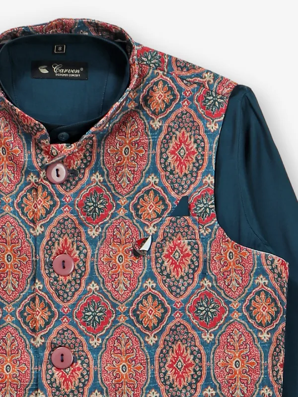 Latest blue printed cotton silk waistcoat set