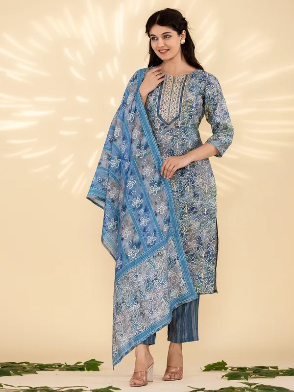 Latest blue printed kurti set