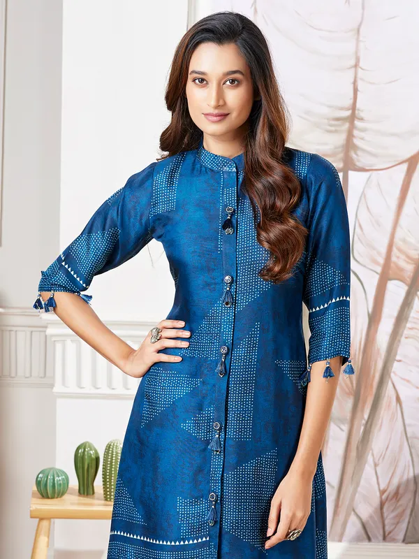 Latest blue russian silk printed kurti set