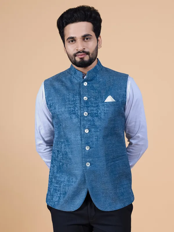 Latest blue texture silk waistcoat