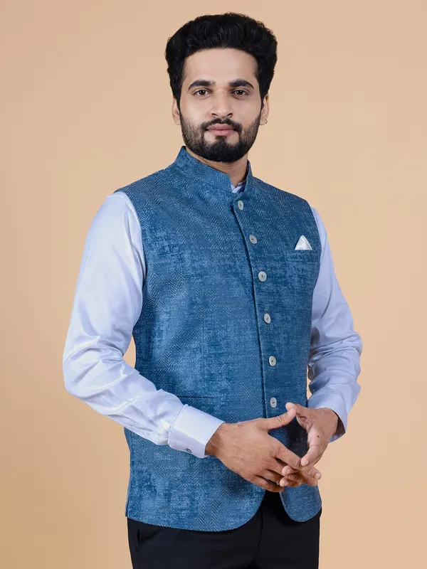 Latest blue texture silk waistcoat