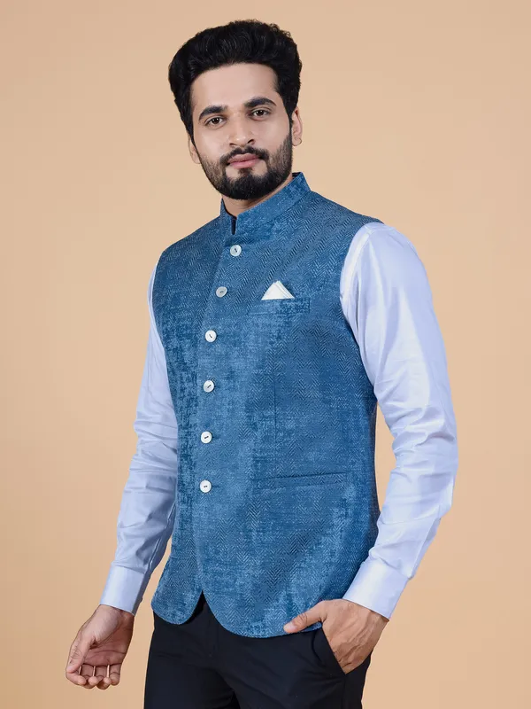 Latest blue texture silk waistcoat