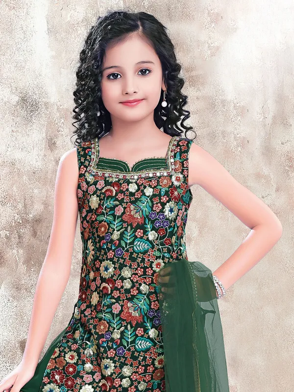 Latest bottle green georgette printed sharara suit for girls